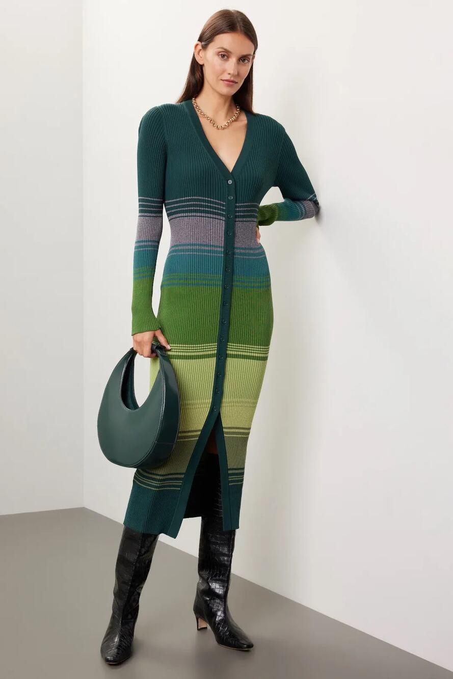 STAUD Ribbed Shoko Striped Button front Long Sleeve Midi Dress